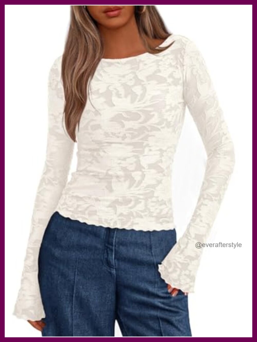 Floral Knit Bell Sleeve Crew Neck Bodycon Long Sleeve T-Shirt